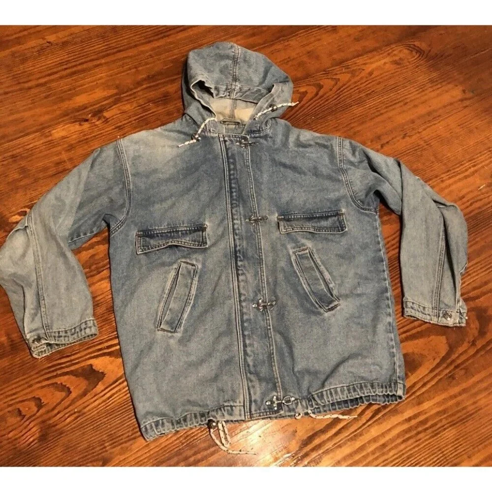 Vintage 80s 90s Andy Johns Worn‎ Wash Denim Jacket M Long Hooded Coat